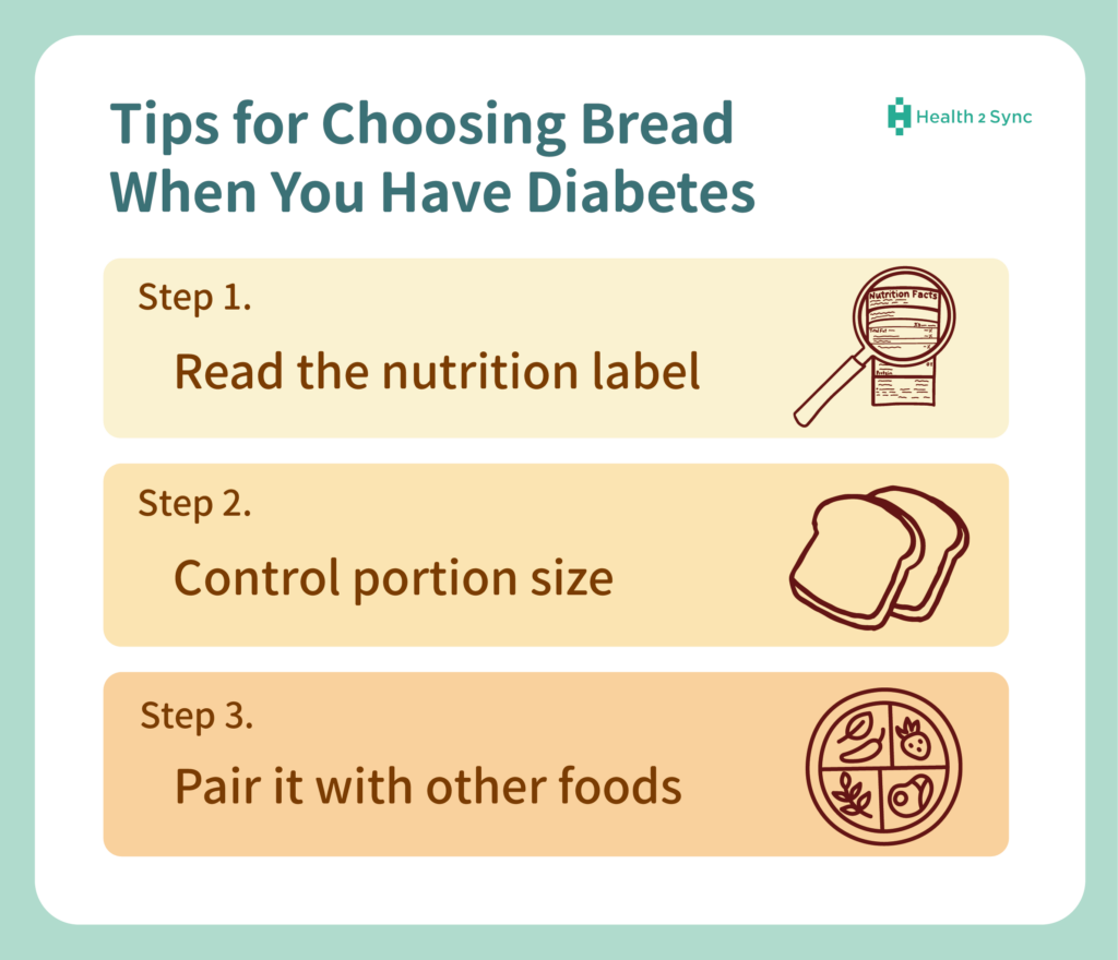 Infographic offering bread selection tips for diabetes: read nutrition labels, control portion size, and pair with other foods.