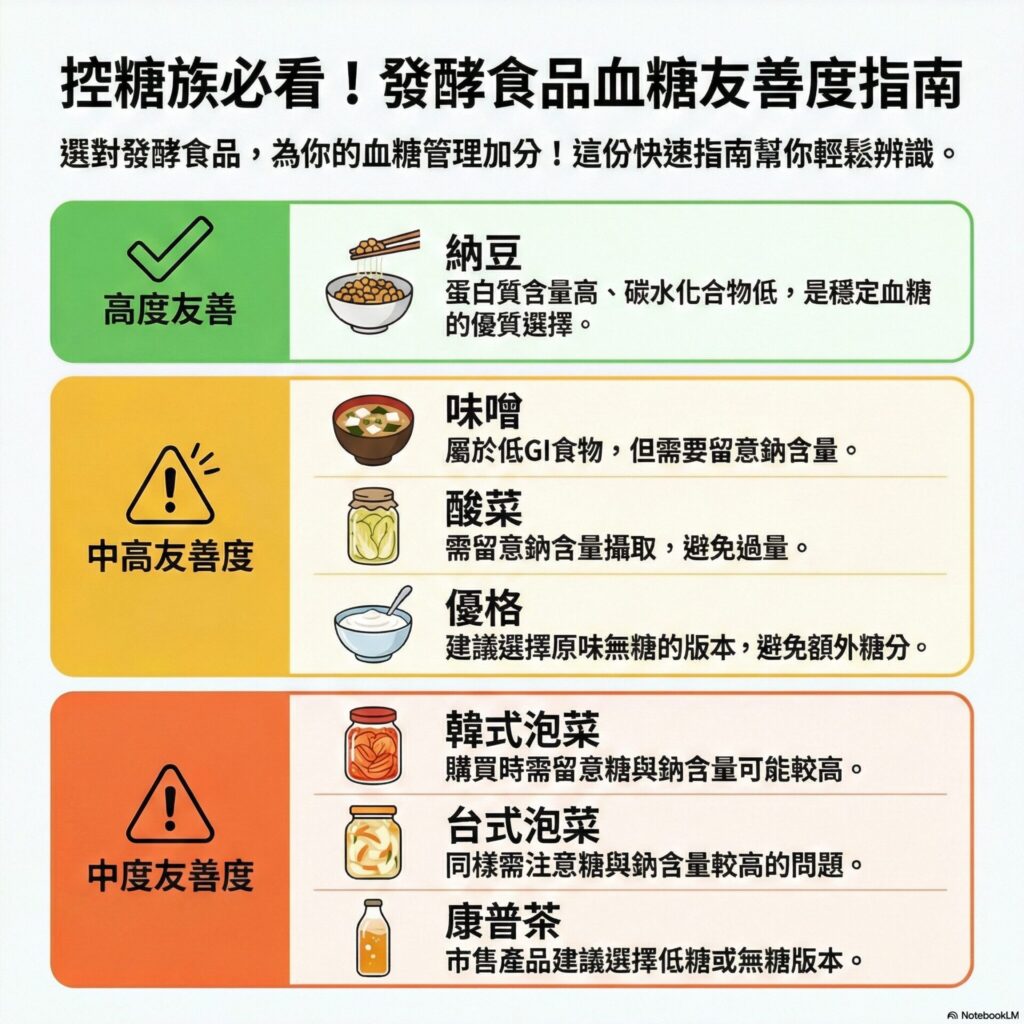 味噌 血糖友善度：中高（低 GI，需留意納含量） 納豆 血糖友善度：高 韓式泡菜 血糖友善度：中（需留意糖與鈉含量較高） 台式泡菜 血糖友善度：中（需留意糖與納含量較高） 酸菜 血糖友善度：中高（需留意鈉含量攝取） 優格 血糖友善度：中高（建議選擇原味無糖） 康普茶 血糖友善度：中（市售產品建議選擇低糖或無糖版本）