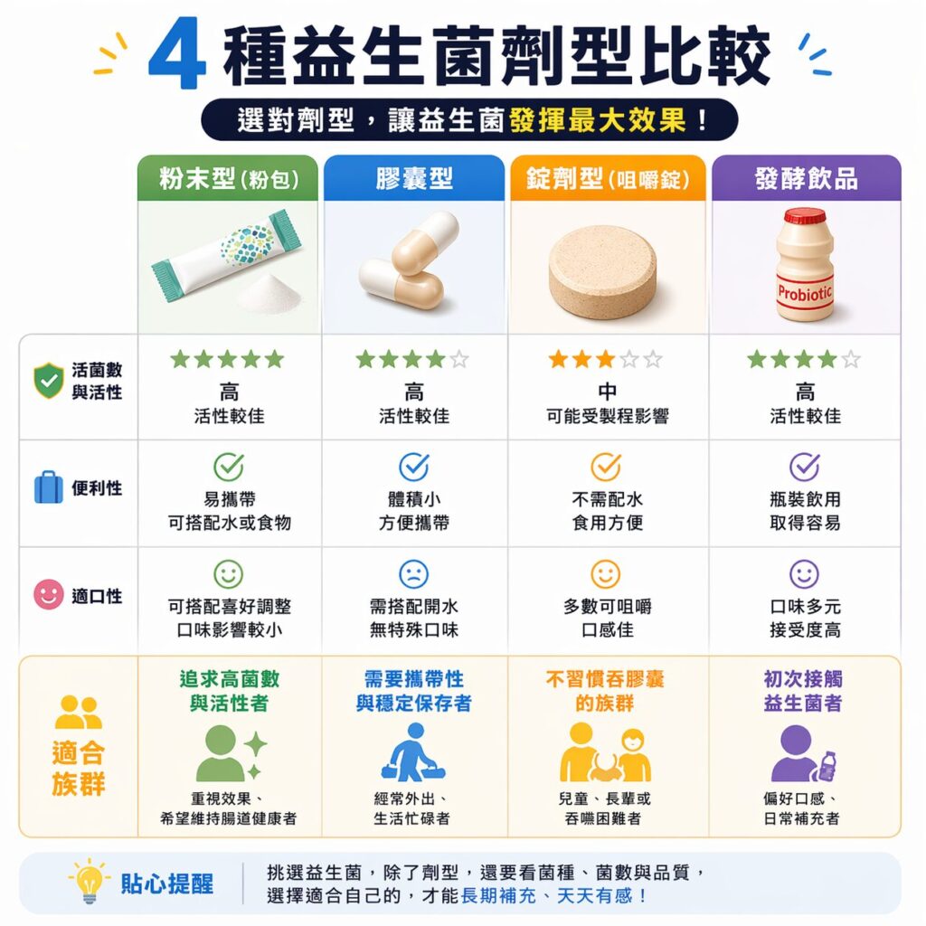 益生菌粉包膠囊錠劑比較 活性 便利性 適口性