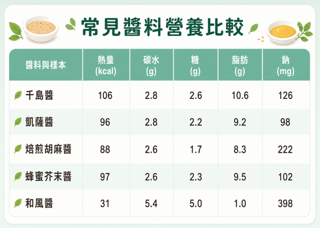 千島醬、凱薩醬、胡麻醬、蜂蜜芥末醬、和風醬的營養標示比較